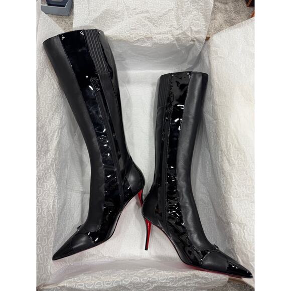 Christian Louboutin CL IN 90S Botta 80 Black Logo Leather Knee High Heel Boot 38 - Picture 11 of 15